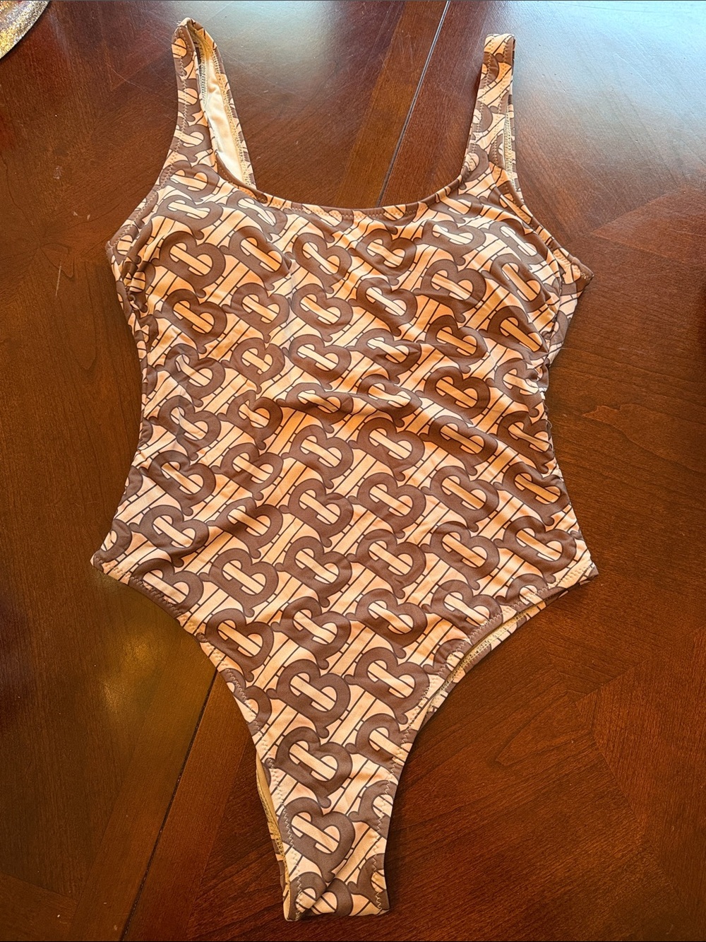 Designer Inspired One-Piece Swim Suit in Brown Pattern